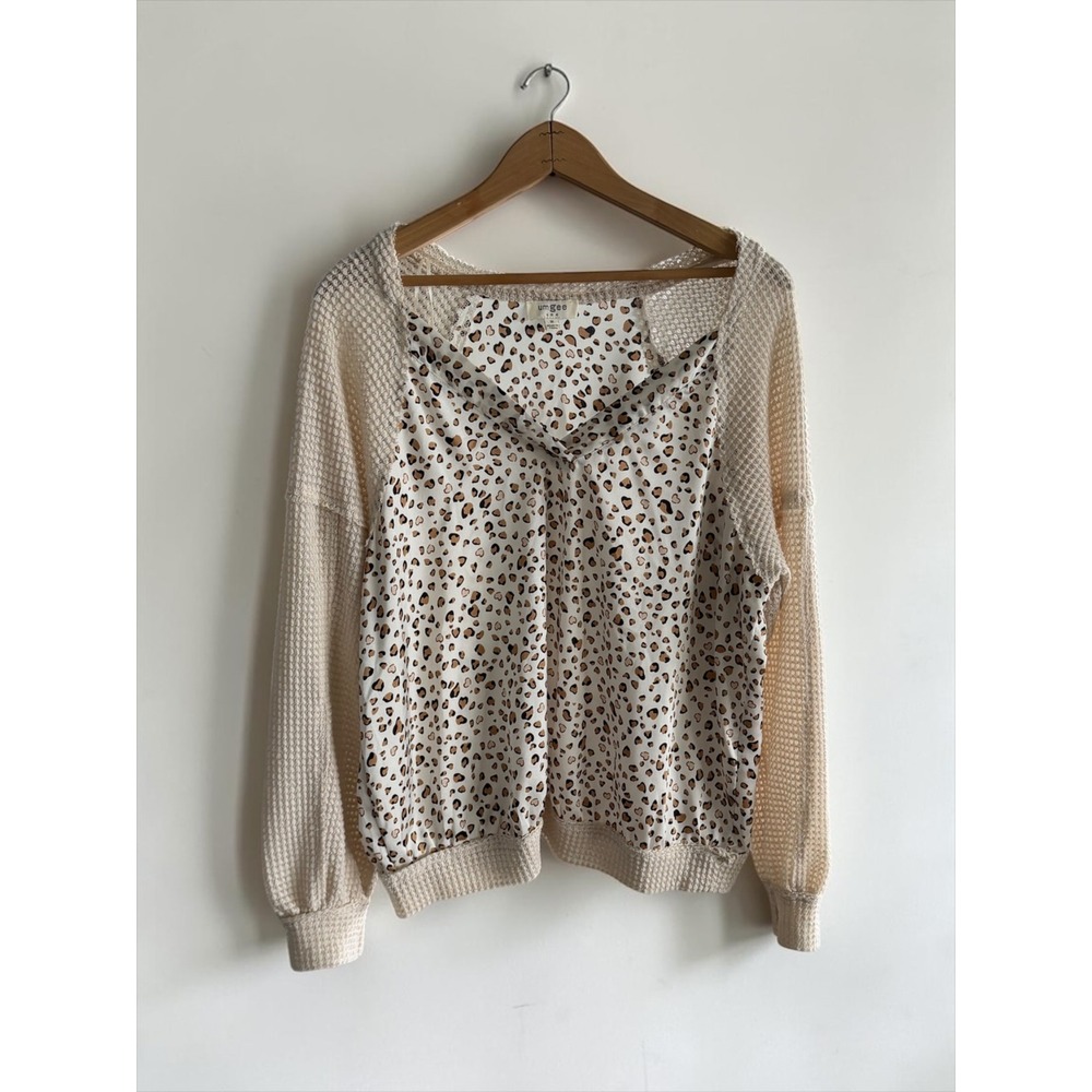 Umgee Mixed Media Leopard Heart Print Waffle Knit Top Cream Tan Medium